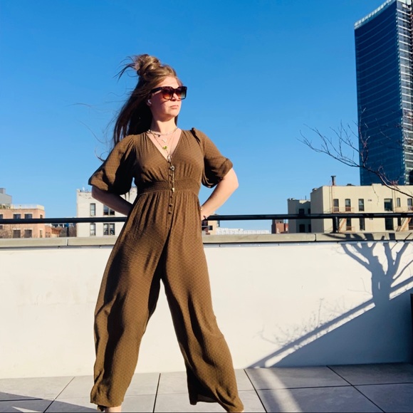 UO Vintage Bell Sleeve V-neck Earthy Jumpsuit Long Legs - Picture 8 of 16